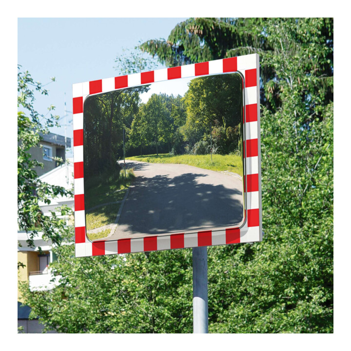 Moravia Verkehrsspiegel aus Edelstahl 400 x 600 mm Rahmen rot/weiß + 76er Schelle