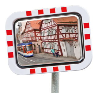 Moravia Verkehrsspiegel aus Edelstahl 450 x 600 mm Rahmen rot/weiß + Schelle
