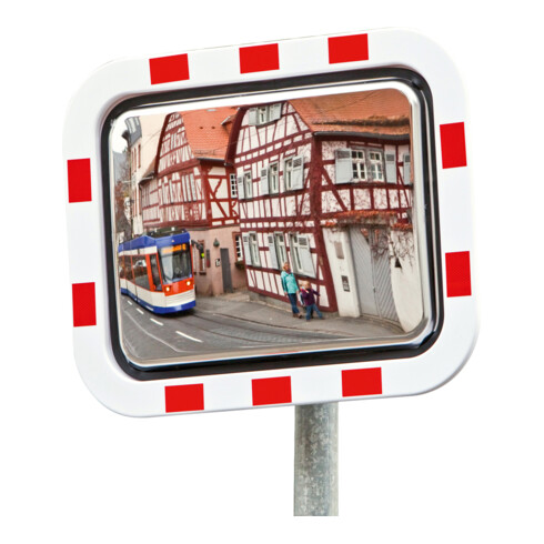 Moravia Verkehrsspiegel aus Edelstahl 450 x 600 mm Rahmen rot/weiß + Schelle
