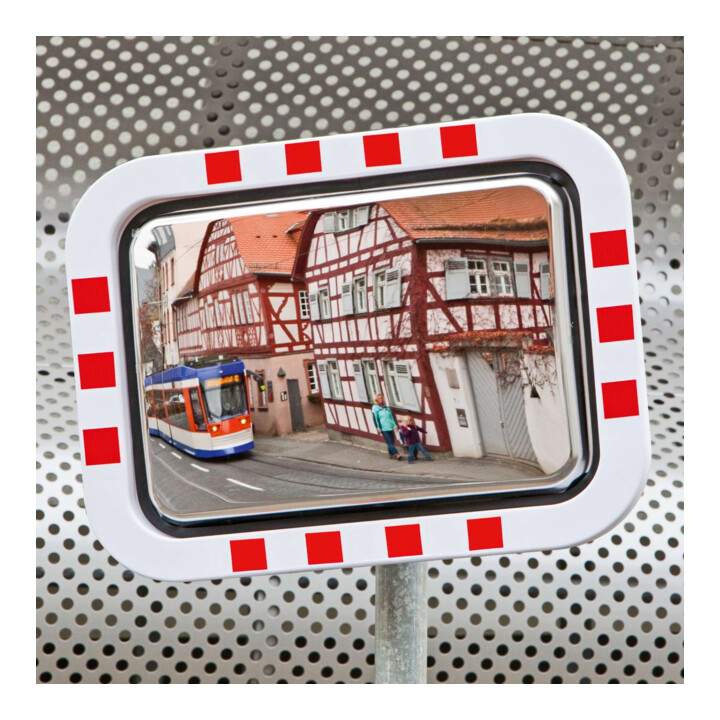Moravia Verkehrsspiegel aus Edelstahl 450 x 600 mm Rahmen rot/weiß + Schelle