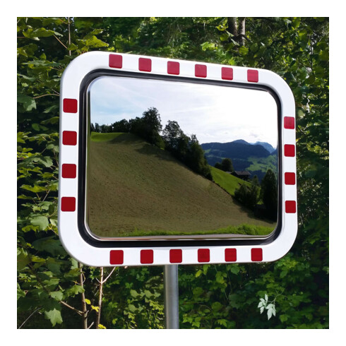 Moravia Verkehrsspiegel aus Edelstahl 450 x 600 mm Rahmen rot/weiß + Schelle