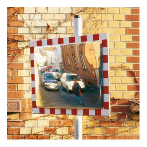 Moravia Verkehrsspiegel aus Edelstahl 600 x 800 mm Rahmen rot/weiß + 76er Schelle