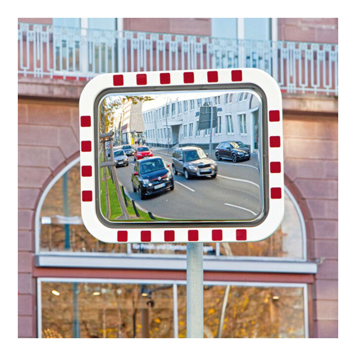 Moravia Verkehrsspiegel aus Edelstahl 600 x 800 mm Rahmen rot/weiß + Schelle