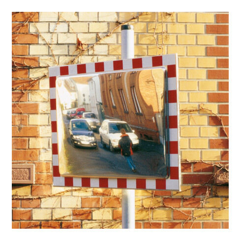 Moravia Verkehrsspiegel aus Edelstahl 800 x 1000 mm Rahmen rot/weiß + 76er Schelle