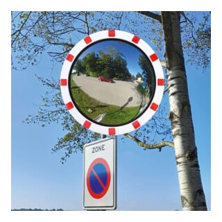 Moravia Verkehrsspiegel aus Edelstahl rund 600 mm Rahmen rot/weiß + 76er Schelle