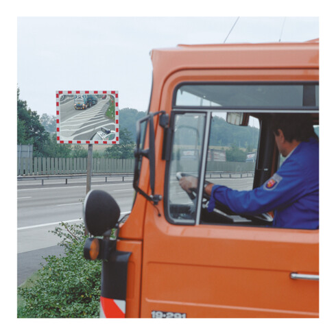 Moravia Verkehrsspiegel aus Sekuritglas Rahmen rot/weiß + 76er Schelle