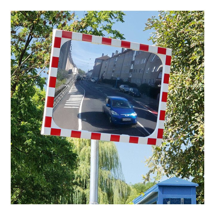 Moravia Verkehrsspiegel aus Sekuritglas Rahmen rot/weiß 400 x 600 mm + 76er Schelle