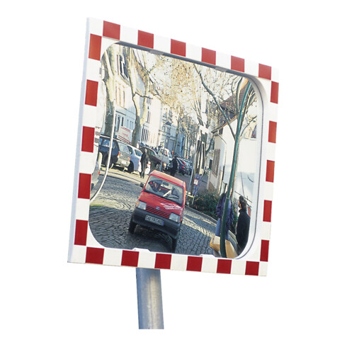 Moravia Verkehrsspiegel aus Sekuritglas Rahmen rot/weiß + 76er Schelle