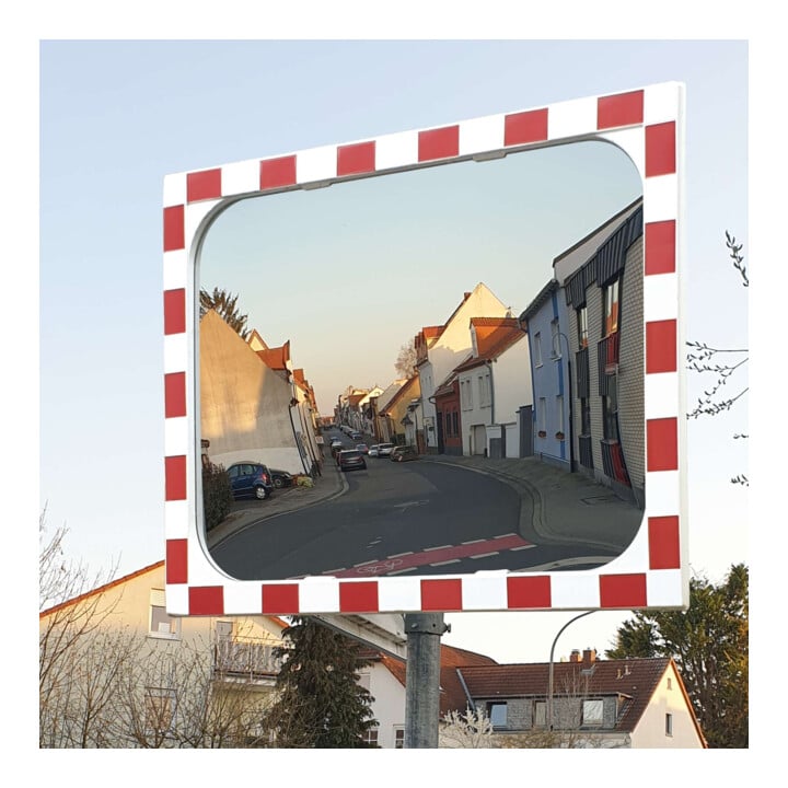 Moravia Verkehrsspiegel aus Sekuritglas Rahmen rot/weiß 600 x 800 mm + 76er Schelle
