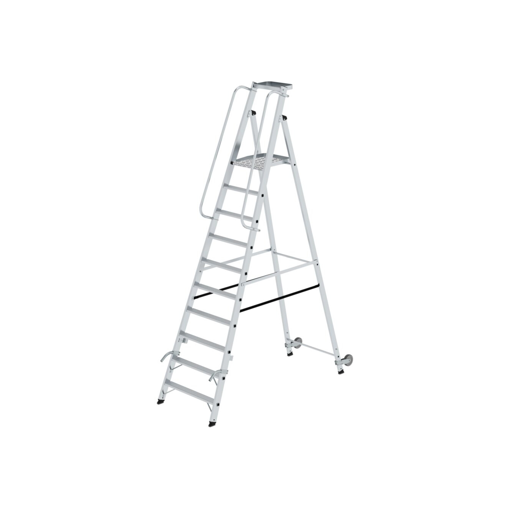 MUNK Aluminium-Stehleiter einseitig begehbar Rollen und Griff 10 Stufen