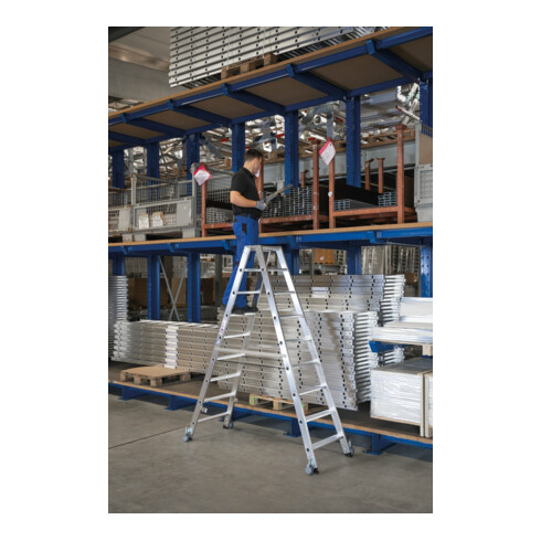MUNK Aluminium-Stehleiter beidseitig begehbar Rollen 2 x 14 Stufen