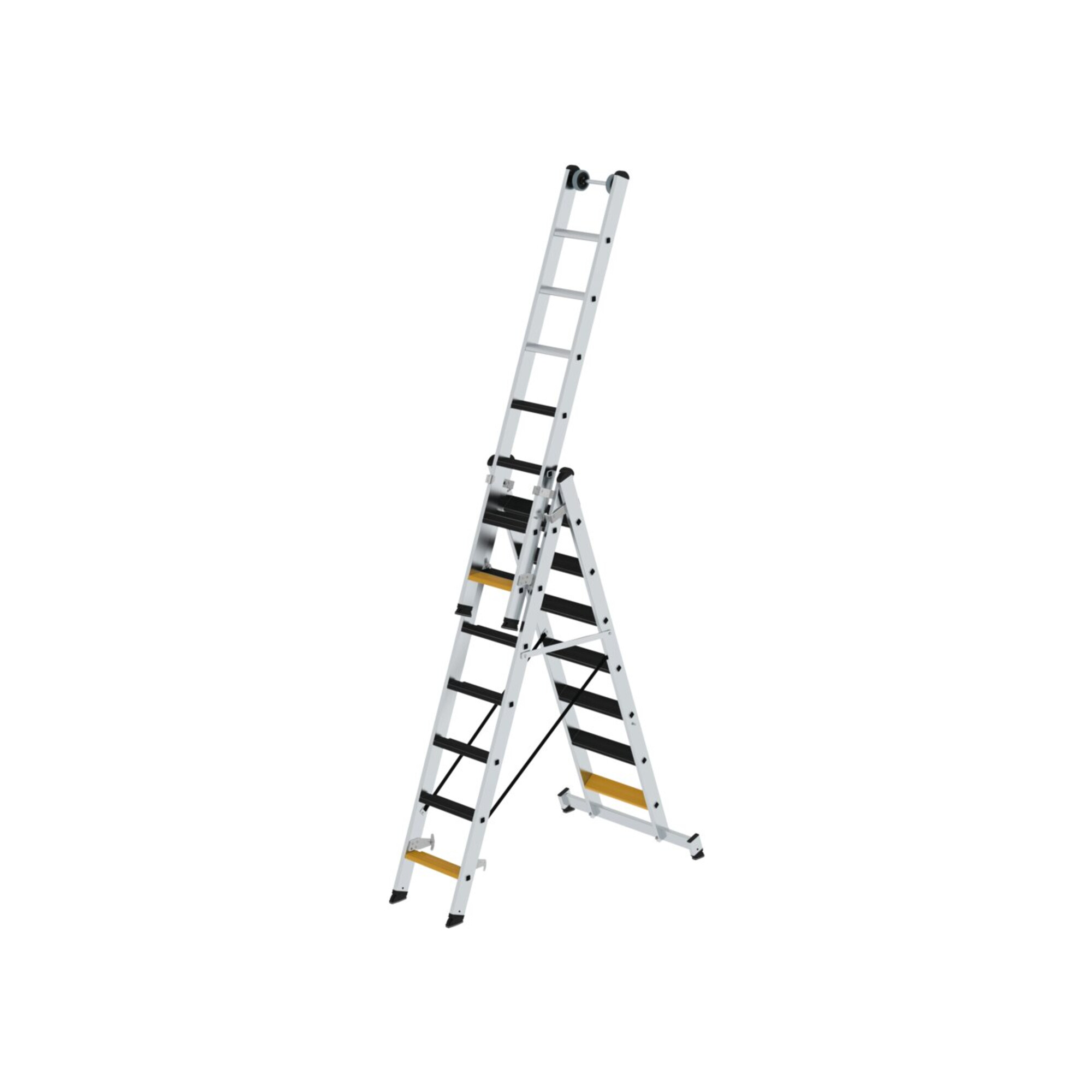 MUNK Stufen-Mehrzweckleiter 3-teilig mit nivello-Traverse und clip-step R13, 3x7 Stufen, 33322