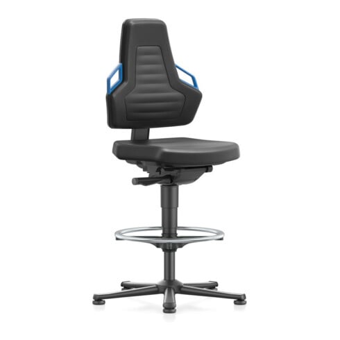 Nexxit Fauteuil de travail pivotant Gleiter + anneau repose-pieds simili cuir noir poignée bleue 570-820 mm