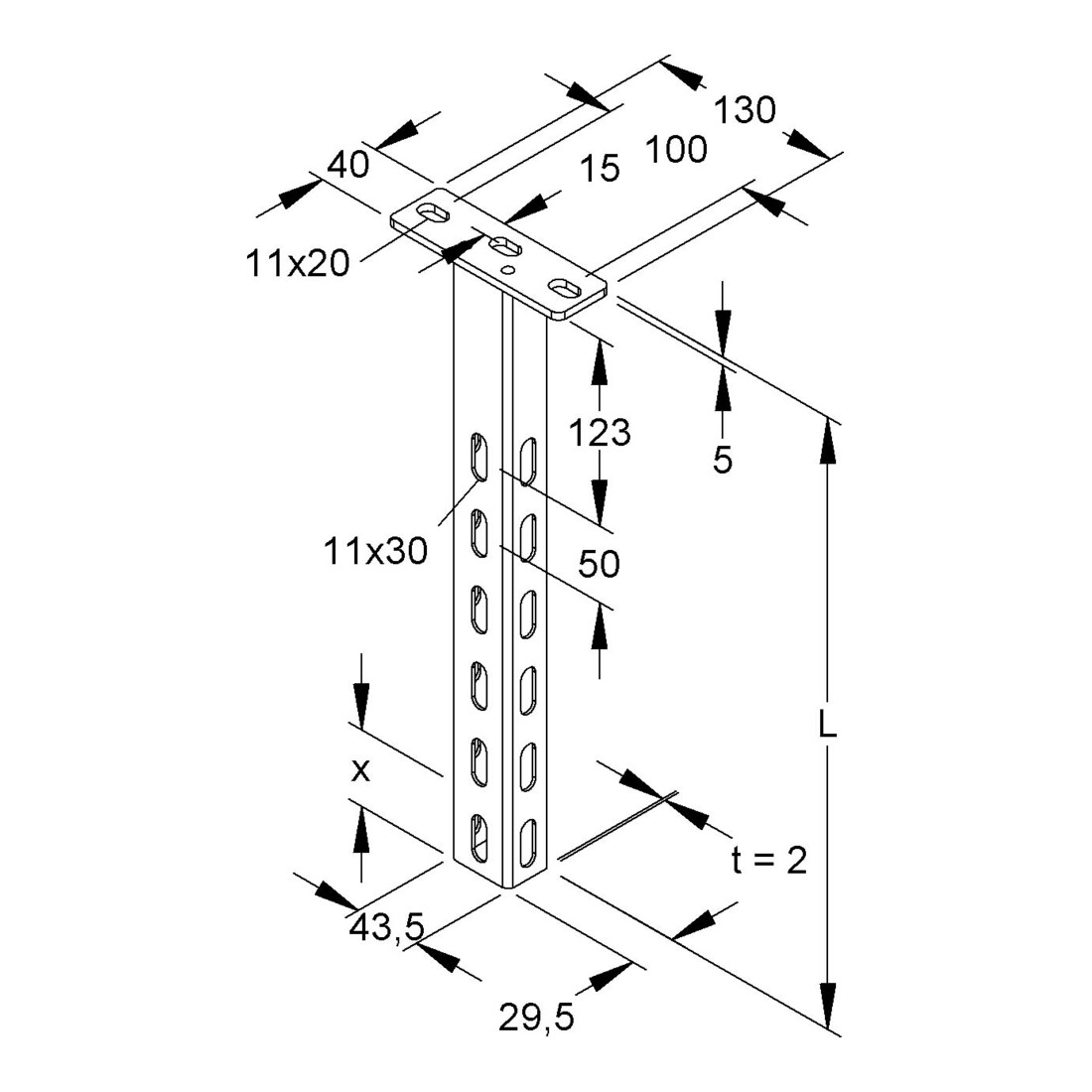 Niedax Tige suspendue, profil en U 43,5x29,5x201mm HU 4530/200 FL