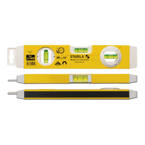 Niveau à bulle STABILA Type 70 TMW Torpedo, 26 cm, avec système d’aimants et fiole d’angle rotative
