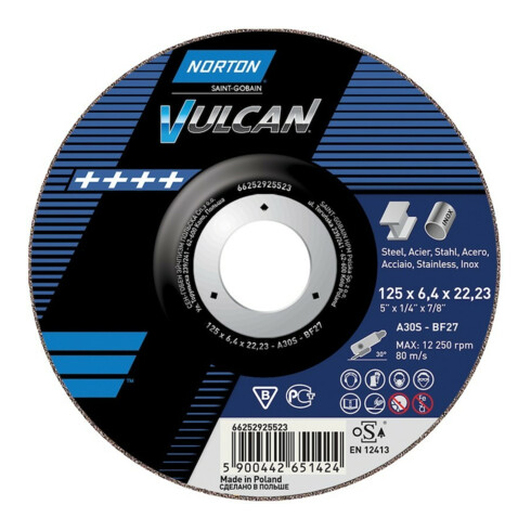 Norton Disque à ébarber Vulcan Acier/Inox courbé 125x6,4