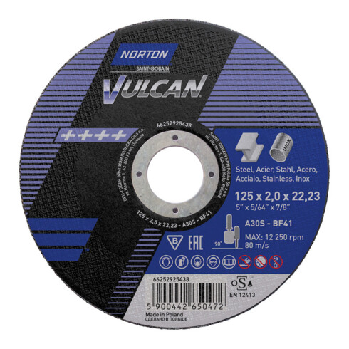 Norton Disque de coupe Vulcan acier/inox droit 125x2,0