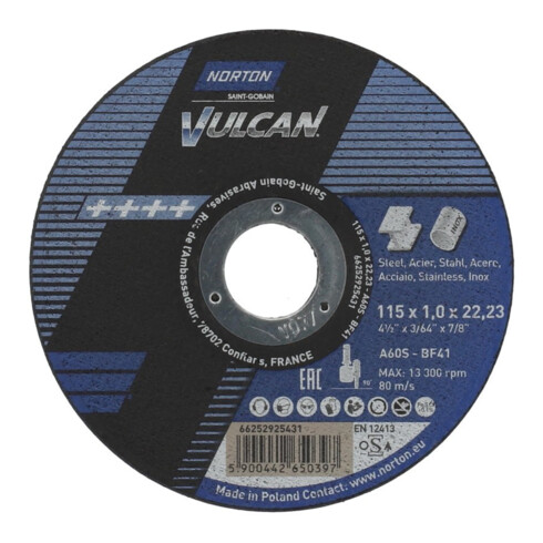 Norton VULCAN Disque de coupe métal inox droit ultra-fin 115x1x22,23