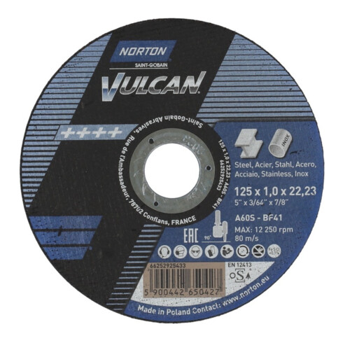 Norton VULCAN Disque de coupe métallique inox droit ultrafin 125x1x22,23