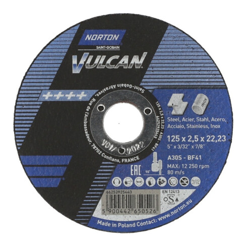Norton VULCAN Disque de découpe métal inox droit 125x2,5x22,2
