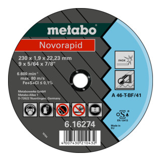 Meule de tronçonnage Metabo  modèle droit Novorapid 125 x 1,0 x 22,23 mm, inox