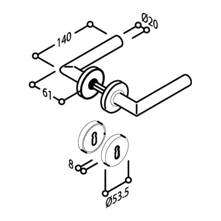 Objekt-Garnitur L-Form Gehrungsform Drückergrt.BB VK 8mm VA matt TS 35-45mm