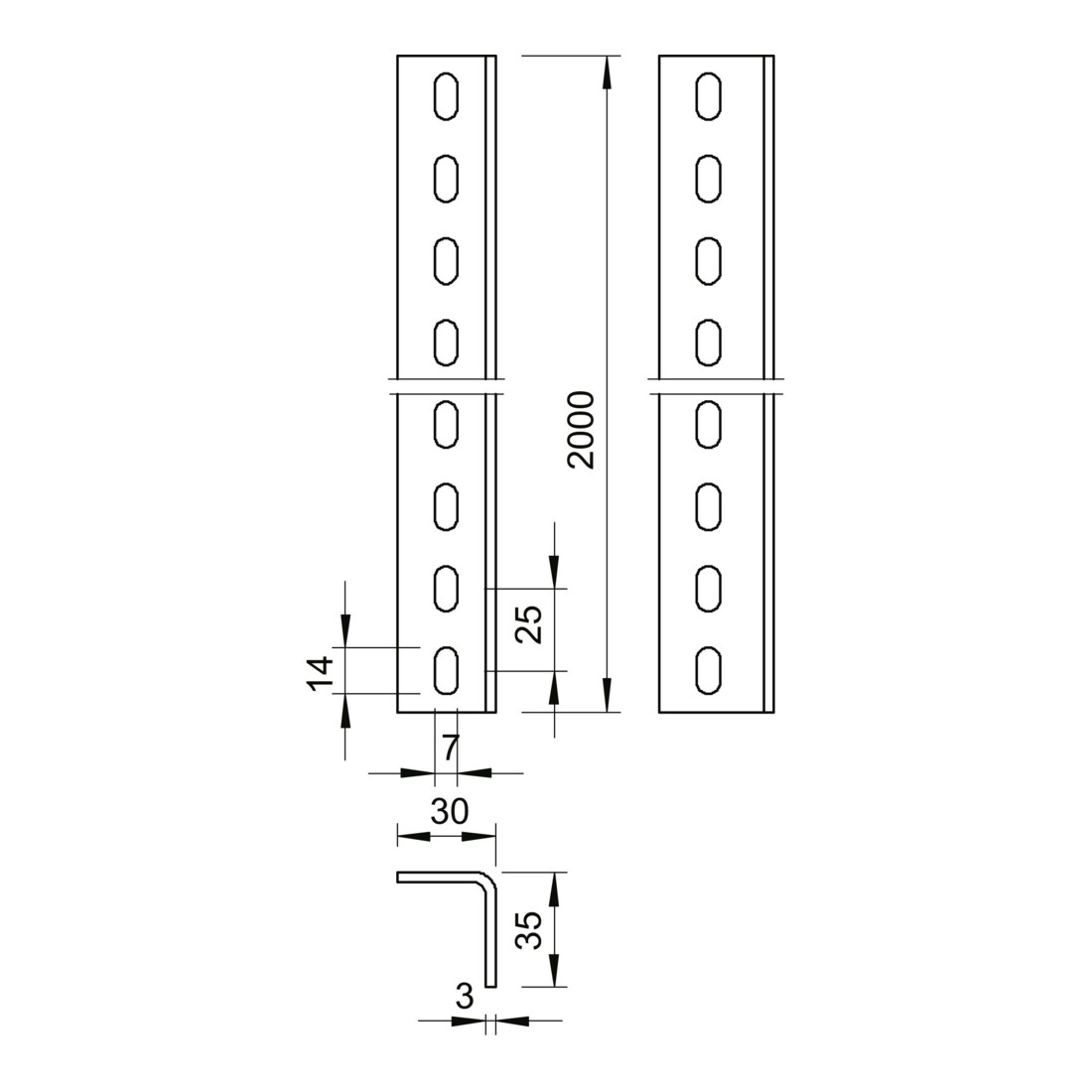 OBO Bettermann Profilé d’angle perforé 30 × 35 × 2000, acier, FT WP 30 35 2000