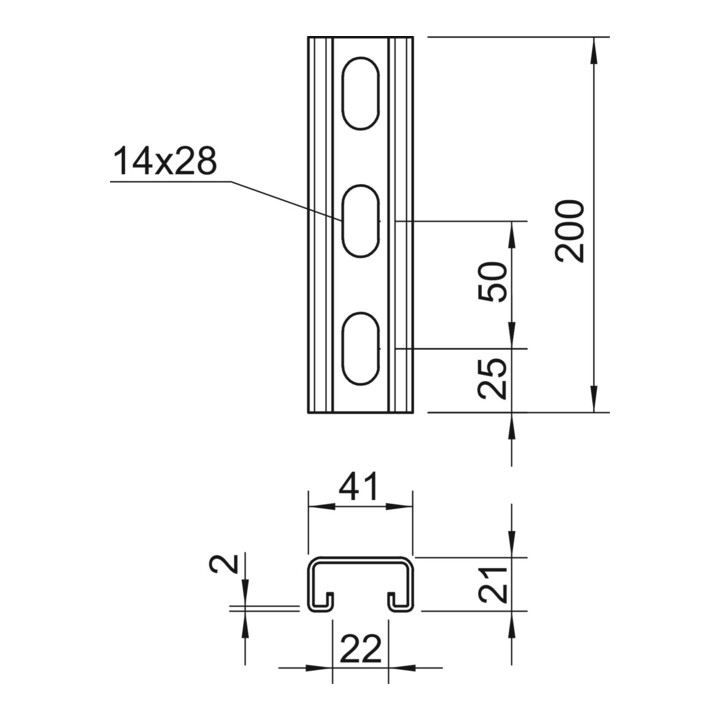 OBO Bettermann Rail de profilé MS4121P0200FT 22 mm perforé