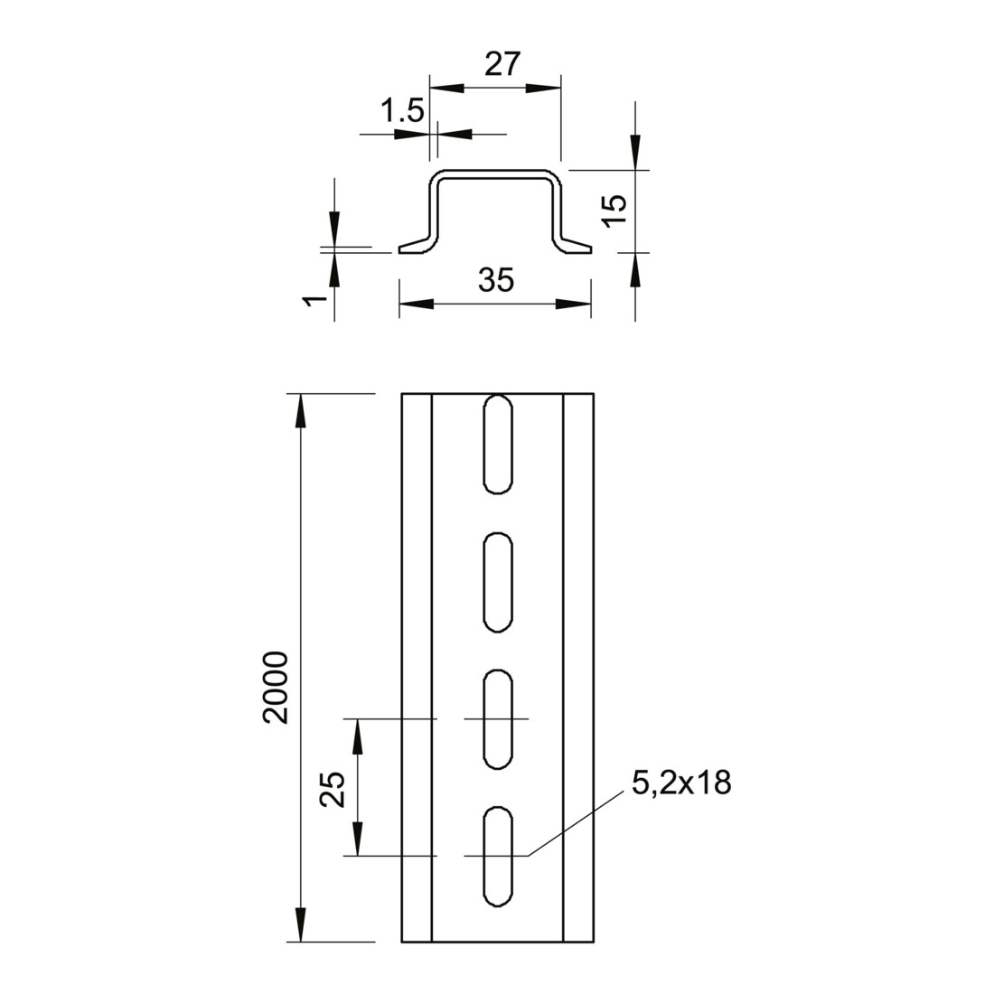 OBO Bettermann Rail DIN perforé 2069 15 1,5 GTPL