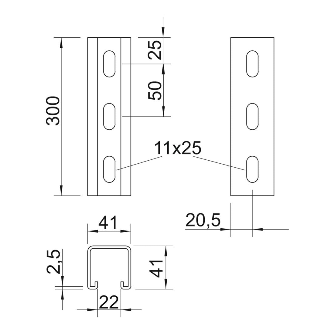 OBO Bettermann Rail profilé fendu 22 mm MS4141PP0300FTK