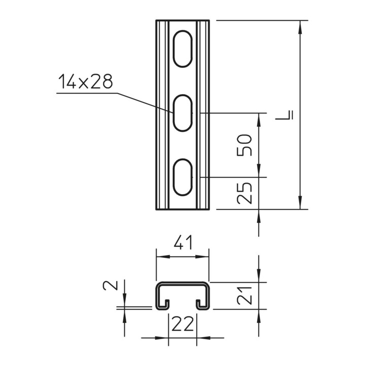 OBO Bettermann Rail profilé perforé, longueur 2000 mm, Schlw. 22 mm MS4121P2000FT