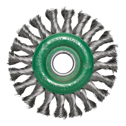 Osborn rondborstel D115x12, boring 22,2 mm, geknoopt roestvrij staaldraad 0,50 mm T23 fitting groen