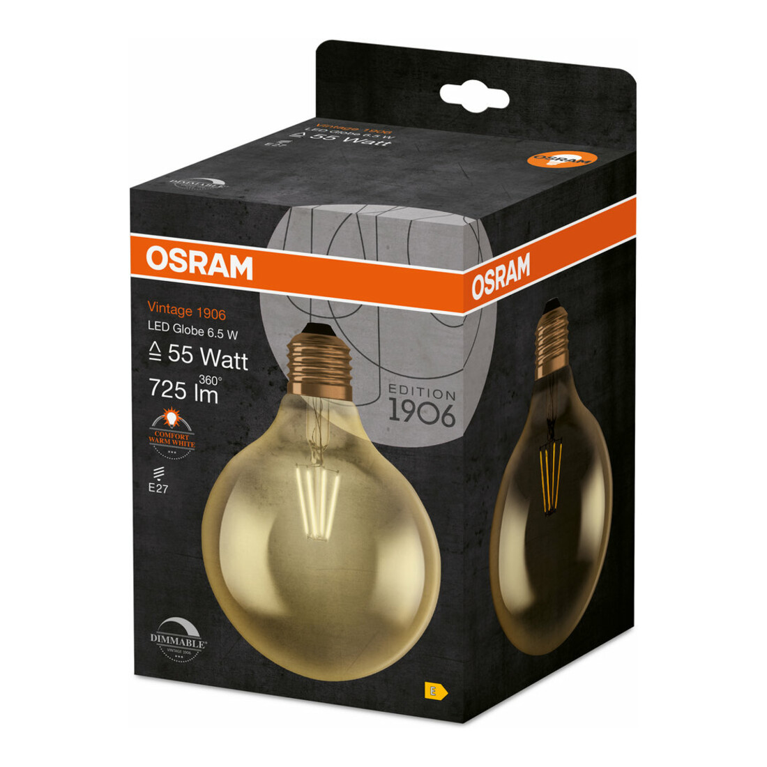 OSRAM Lampe LED Vintage E27, 825, dimmable, 1906GLOBE6,5/824FGD