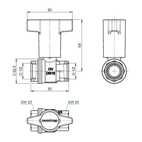 Oventrop Knebelgriff-Kugelhahn Optibal PN 16, Messing DN 15, 1/2" IG