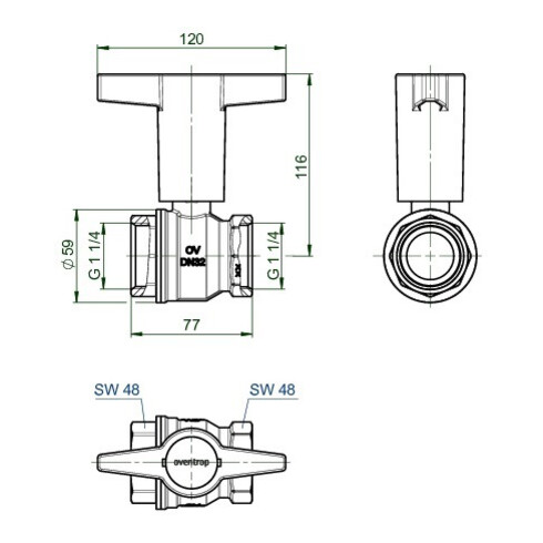Oventrop Knebelgriff-Kugelhahn Optibal PN 16, Messing DN 32, 1 1/4" IG