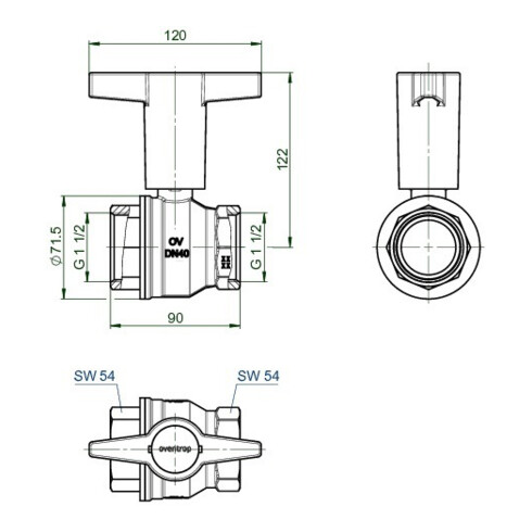 Oventrop Knebelgriff-Kugelhahn Optibal PN 16, Messing DN 40, 1 1/2" IG