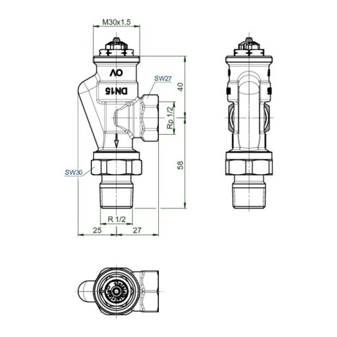 Oventrop Thermostatventil Baureihe AV 9 M 30 x 1,5, PN 10, Vorlauf-Axial DN 15
