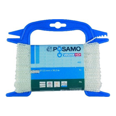 PÖSAMO Corde tressée blanche PA 4,0 mm x 20 m sur dévidoir métallique