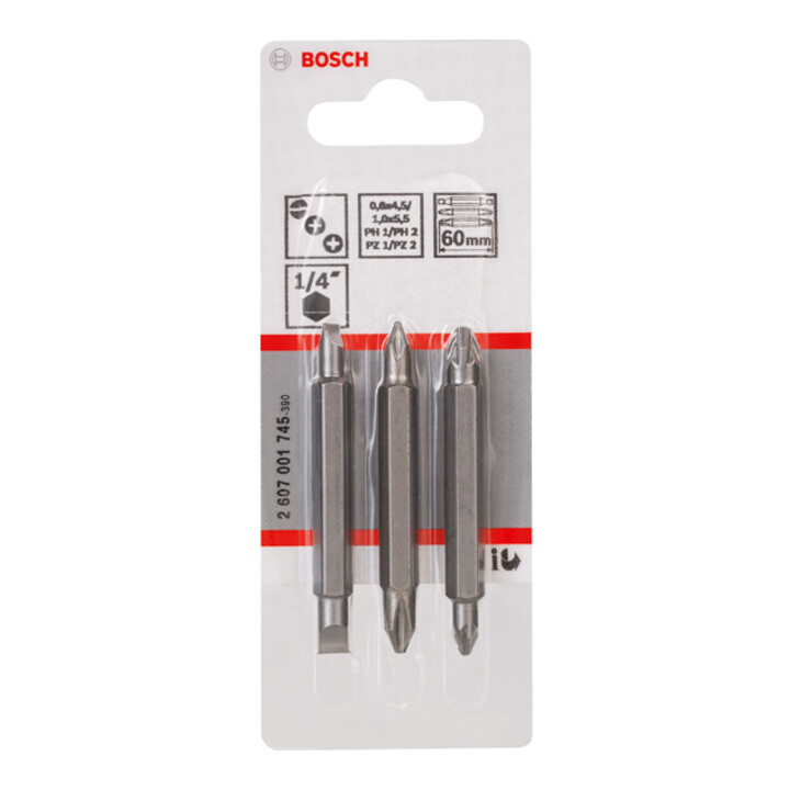 Pack de 3 embouts de tournevis doubles PH1, PZ1, S 0,6x4,5; PH2, PZ2, S 1,0x5,5; 60 mm