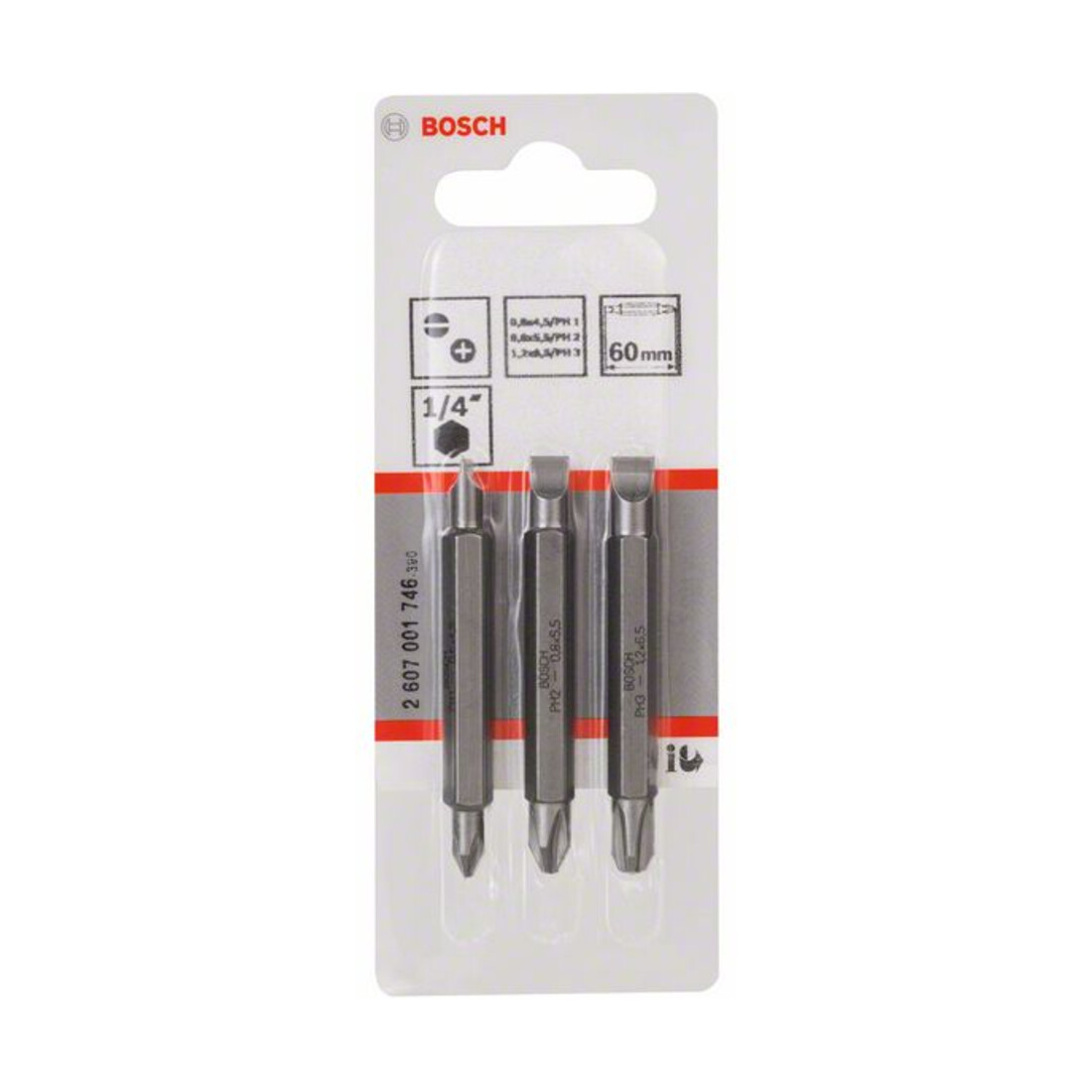 Pack de 3 embouts de tournevis doubles S 0,6x4,5, S 0,8x5,5, S 1,2x6,5; PH1, PH2, PH3; 60 mm