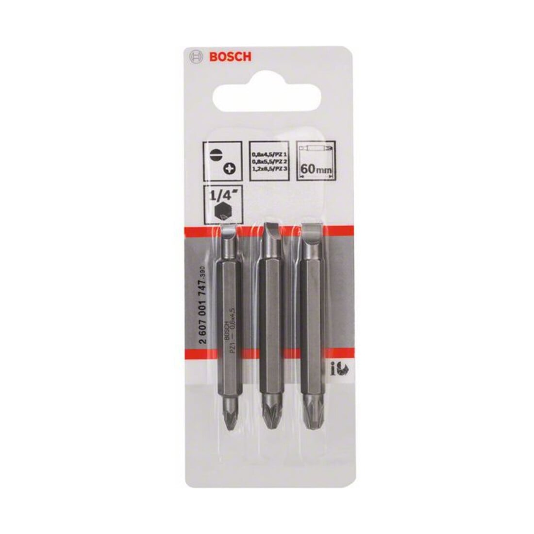 Pack de 3 embouts de tournevis doubles S 1,2x6,5, S 0,6x4,5, S 0,8x5,5; PZ1, PZ2, PZ3; 60 mm