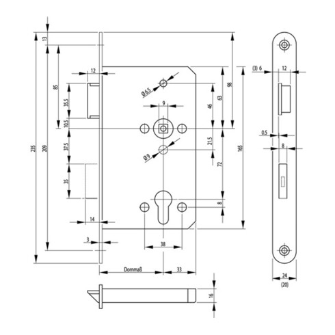 Panik-E-Schloss 2320 Panikfunktion D DIN li.Dorn 65mm Stulp 20mm VA abgerundet