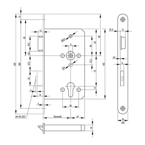 Panik-E-Schloss 2321 DIN re.Dorn 65mm Panik-Funktion B Stulp 24mm Stulp VA