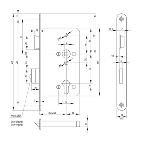 Panik-E-Schloss 2329 Dorn 65mm Panik-Funktion E DIN re.Stulp 24mm Edelstahl