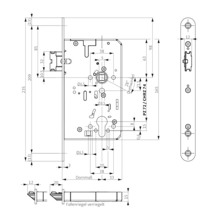 Panik-Einsteckschloss 2116 Fkt.E rd 24/65/72/9mm DIN L/R VA BKS