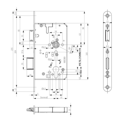 Panik-Einsteckschloss 2320 Fkt.B rd 24/65/72/9mm DIN L/R VA BKS