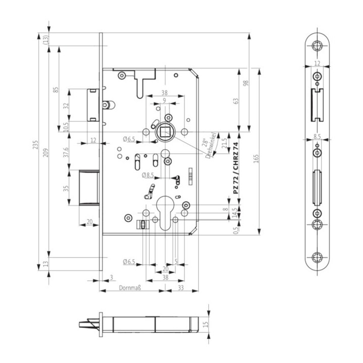 Panik-Einsteckschloss 2326 Fkt.E rd 20/65/72/9mm DIN L VA BKS