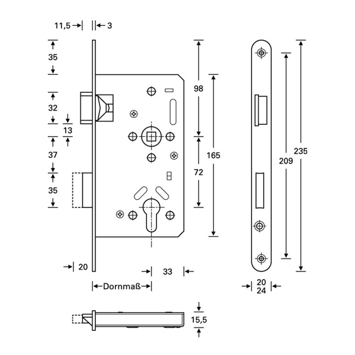 Panik-Einsteckschloss Ser.20 APE Fkt.E rd 20/65/72/9mm DIN li.VA SSF