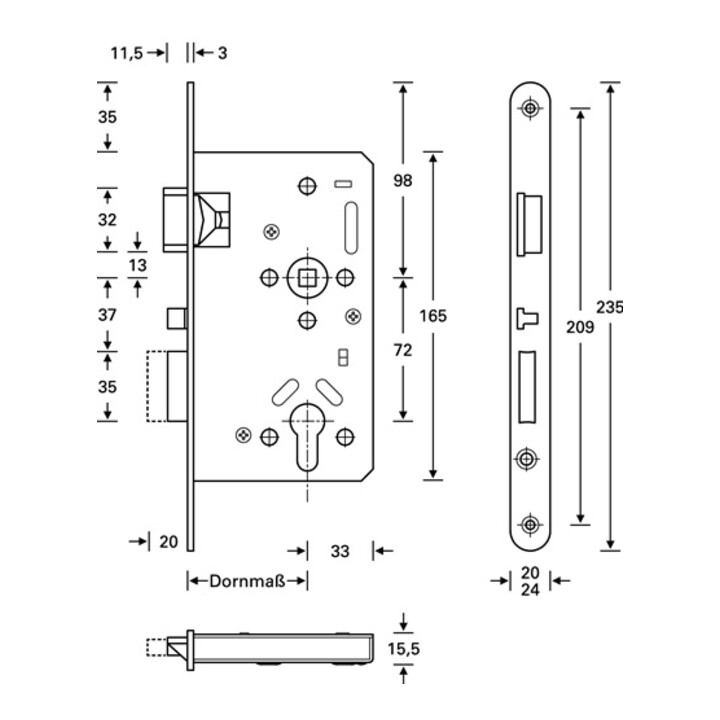 Panik-Einsteckschloss Ser.20 APK Fkt.E rd 24/55/72/9mm DIN li.VA selbstverr.SSF