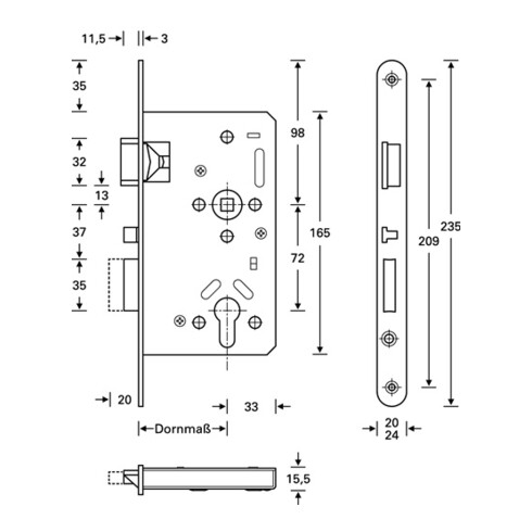 Panik-Einsteckschloss Ser.20 APK Fkt.E rd 24/55/72/9mm DIN re.VA selbstverr.SSF